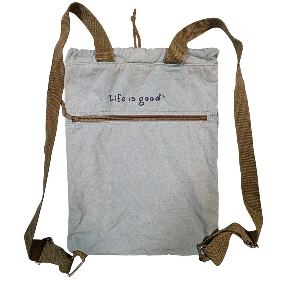 Life is Good Heart Canvas Drawstring Backpack Sage Green Pink Heart Bag
